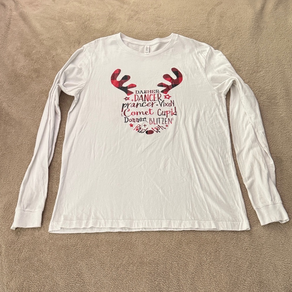 Bella Canvas White Long Sleeve Tee with Red Reindeer Name Design